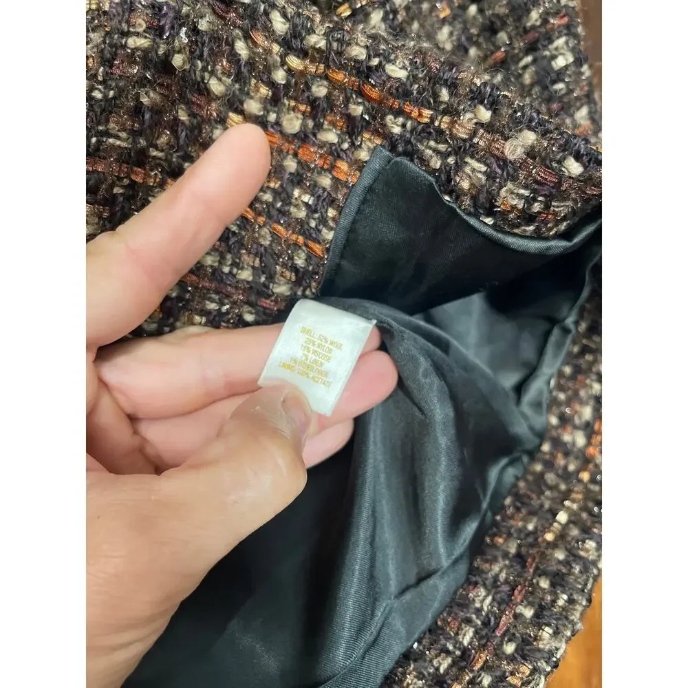 Kate Spade NY Brown Boucle Tweed Cropped Blazer Silver Lining Tag 3/4 Sleeve L